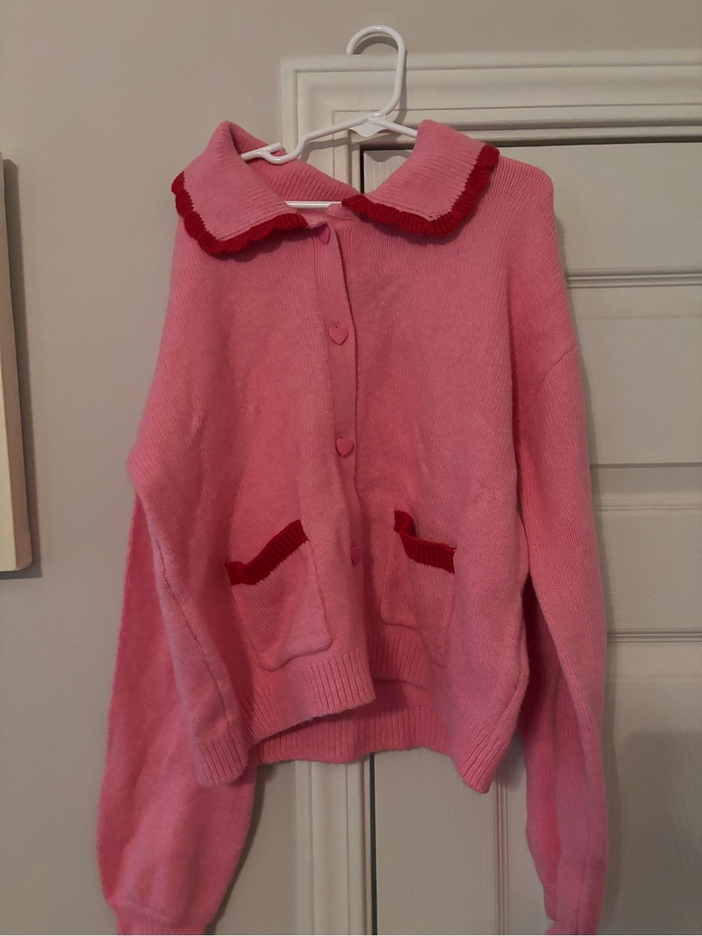 Pink Knit Cardigan with Red Trim
